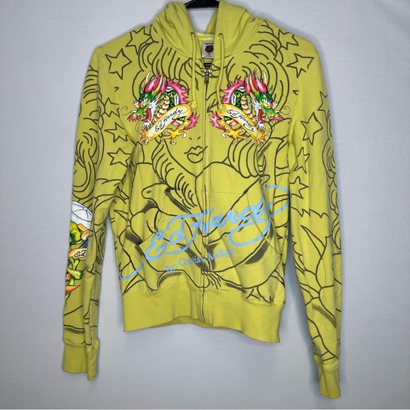 Authentic Ed Hardy by Christian Audigier yellow zip up hoodie - Picture 1 of 11